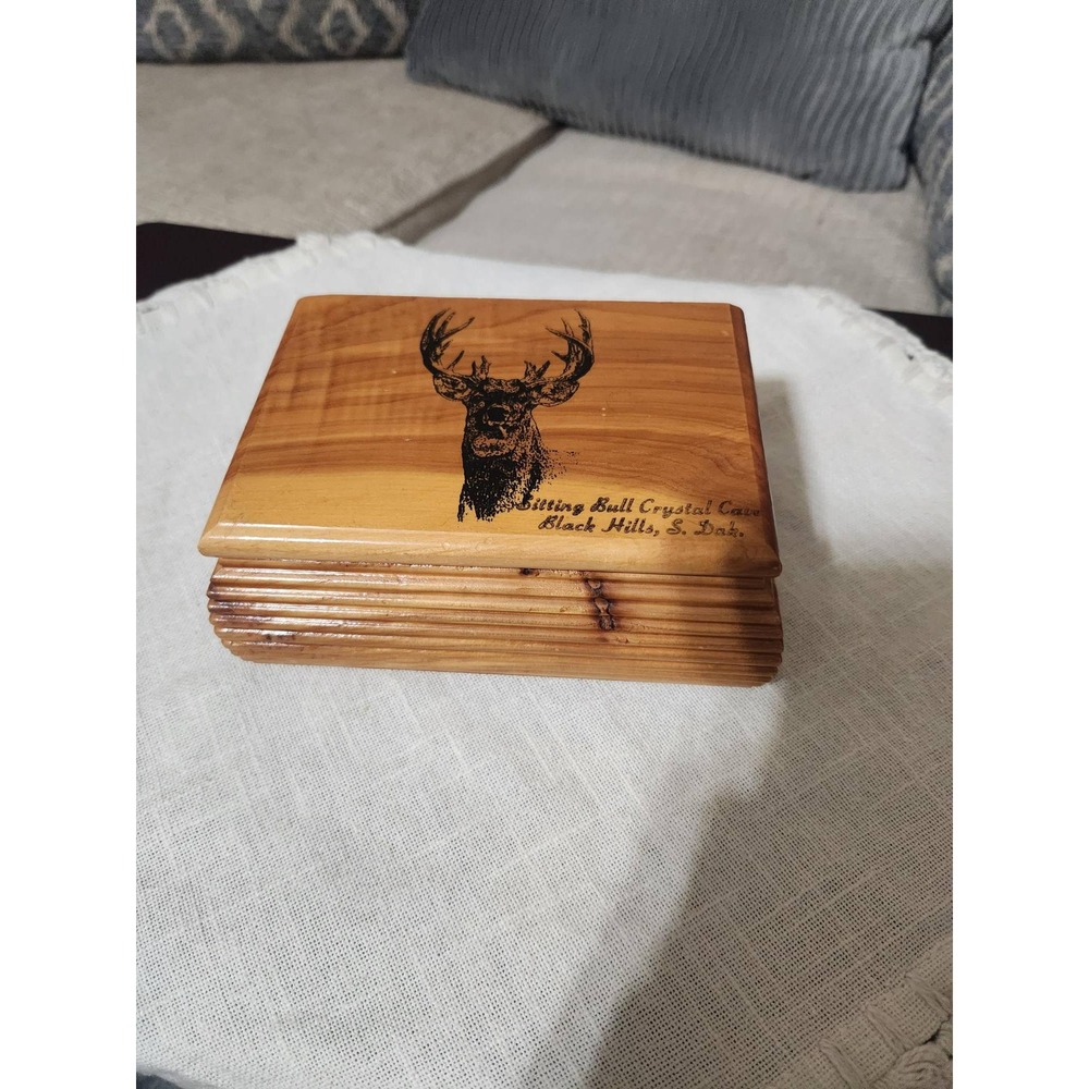 Vintage Cedar Wood Trinket Box Sitting Bull Crystal Cavern Black Hills SD Deer
